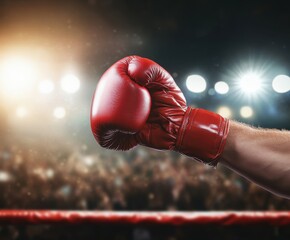 Close-up of red boxing gloves on the hand of a boxer in the ring against a blurred stadium with a spotlight and crowd in the background, with copy space.