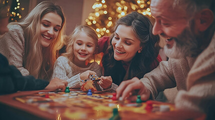 Family Playing Board Game on Christmas Eve