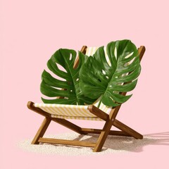 Tropical lounge chair adorned with fresh vibrant monstera leaves set against a playful pink backdrop creating a stylish summer vibes atmosphere and inviting relaxation and leisure