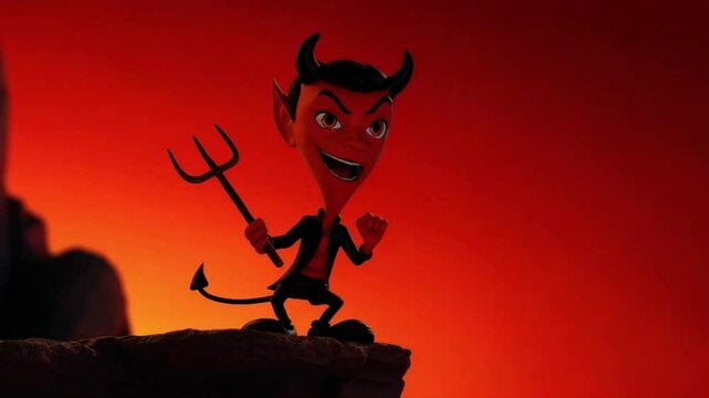 Cartoon Devil with Pitchfork, Hellish Landscape