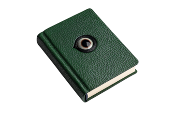 A green leather book with a realistic eye embedded in its cover.