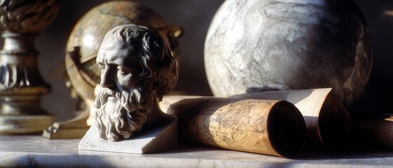 A marble bust juxtaposed with vintage maps and globes, evoking an era of exploration and philosophy under soft, moody lighting.