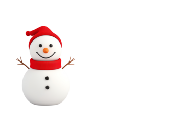 A cute snowman with a red hat, red scarf, stick arms, and a carrot nose is smiling.