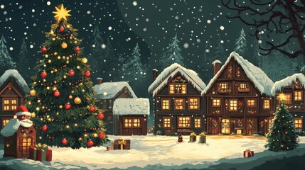 Snowy village scene with Christmas tree and lights.