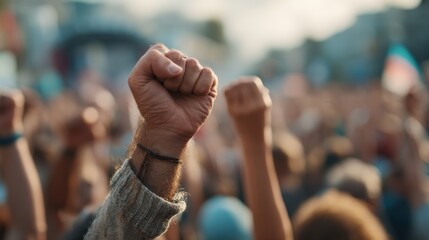 Conceptual photo, a crowd of people at the outdoor stage on a summer day. Human rights concept, powerful men or women gathered for a peaceful protest against everything that is bad in their country.