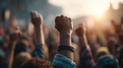 Conceptual photo, a crowd of people at the outdoor stage on a summer day. Human rights concept, powerful men or women gathered for a peaceful protest against everything that is bad in their country.