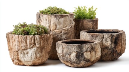Fototapeta premium Rustic stone planters isolated on white background. 