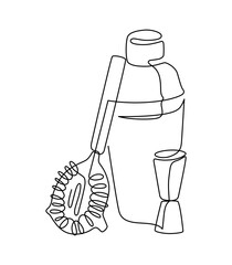 Bartender tools line art. Line art of cocktail shaker, jigger & strainer. Bar accessories line drawing with editable stroke. Vector illustration isolated on transparent background.
