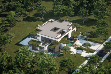 3d rendering of two-story house with parking and pool for sale or rent with concrete facade and beautiful landscaping on background. Clear sunny summer day with blue sky.