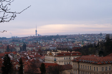 A cityscape view of the city of Prague, Czech Republic from the top of Prague Hill.