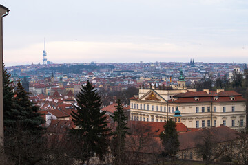 A cityscape view of the city of Prague, Czech Republic from the top of Prague Hill.