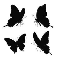 Wild butterflies flying silhouette set design. Butterflies silhouette vector collection on a white background. Monarch standing and sitting. Moth and butterfly black and white silhouette vector bundle
