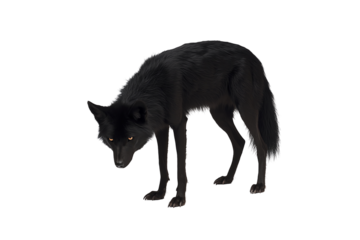 A black wolf with piercing eyes stands alert with its head lowered, displaying a focused and intense gaze.