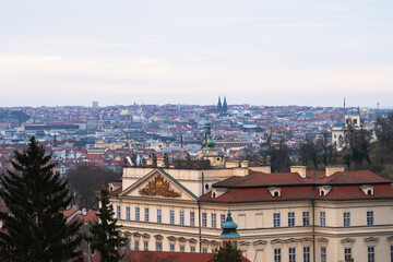 A cityscape view of the city of Prague, Czech Republic from the top of Prague Hill.
