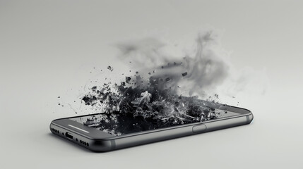 Broken smartphone screen with dark smoke coming out, representing digital addiction and technology overuse, negative impact of mobile devices on mental health