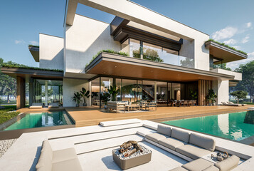 Fototapeta premium 3d rendering of two-story house with parking and pool for sale or rent with concrete facade and beautiful landscaping on background. Clear sunny summer day with blue sky.