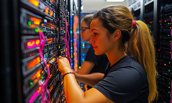 Female Technicians Working on Servers in a Data Center - Powered by Adobe