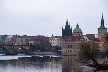 Cityscape view of the city of Prague in the Czech Republic as seen from across the river Vltava.