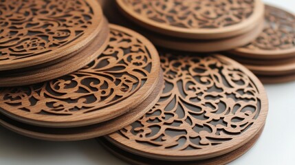 Intricate Wooden Coasters: A Stack of Exquisitely Crafted Circular Coasters with Laser-Cut Floral Designs