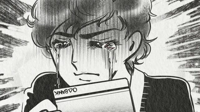 金欠で通帳を見て大泣き絶叫する昭和少女漫画風イケメンのアニメ