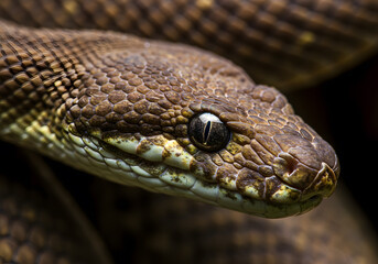 Fototapeta premium Close-Up Portrait of a Brown Tree Snake: Intricate Scales and Striking Gaze