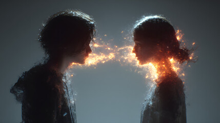 Silhouette of Two People Exchanging Energetic Sparks Abstract Digital Art
