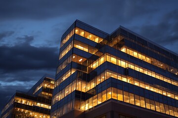 Obraz premium A modern office building illuminated at night with a dark sky and clouds in the background view from below