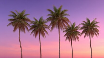 Obraz premium A serene arrangement of five palm trees against a stunning purple sunset sky creating an idyllic tropical scene evoking tranquility and natural beauty captured with clarity