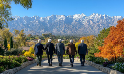 Five Men Walking Away from Camera Towards Snowy Mountain Range
