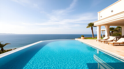 Fototapeta premium Luxury villa with infinity pool overlooks sea. French mediterranean architecture, clear blue water, sun loungers, palm trees. Vacation home for family rental property. Summer holiday travel