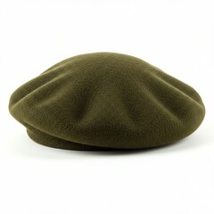 A stylish olive green beret against a white background.