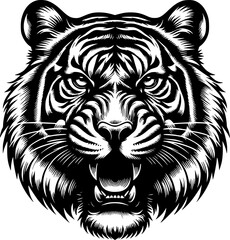 Hand drawn vector illustrations of a tiger's roaring face silhouette