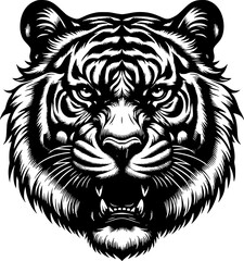 Hand drawn vector illustrations of a tiger's roaring face silhouette