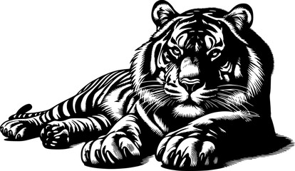 Hand drawn vector illustrations of a lying tiger silhouette