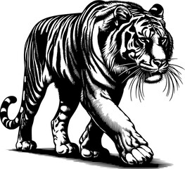 Hand drawn vector illustrations of a walking tiger silhouette
