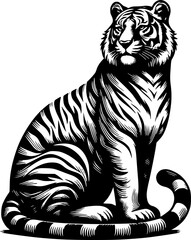 Hand drawn vector illustrations of a sitting tiger silhouette