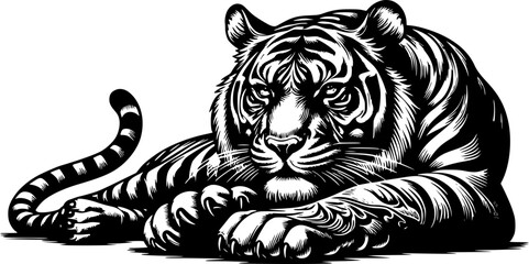 Hand drawn vector illustrations of a lying tiger silhouette