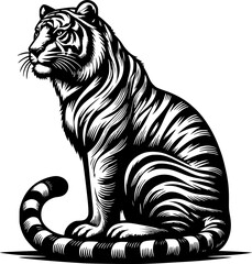 Hand drawn vector illustrations of a sitting tiger silhouette