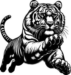 Hand drawn vector illustrations of a jumping tiger silhouette