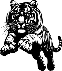 Hand drawn vector illustrations of a jumping tiger silhouette