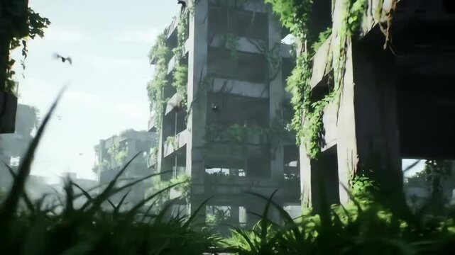 Overgrown ruins reclaim postapocalyptic city