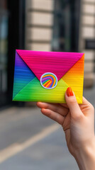 Rainbow envelope held by hand celebrates pride month with vibrant LGBTQ colors