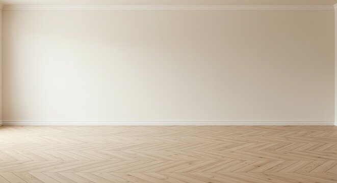 Neutral room interior with herringbone wood floor