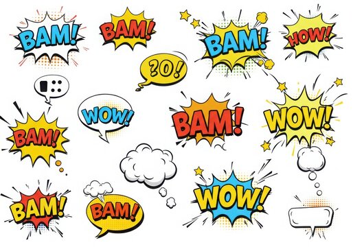 Collection of comic speech bubbles with bam wow and how text