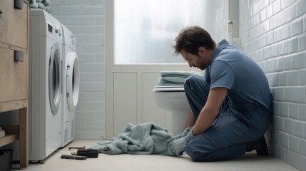 Technician in blue work uniform, coveralls, t-shirt, work gloves (rolled up sleeves, visible arm hair) repairing a washing machine in a minimalist bathroom.