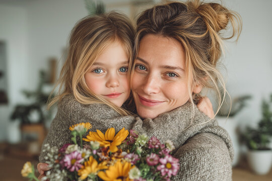Smiling mother and daughter with bouquet of flowers enjoying tender moment together, perfect for Mother's Day celebration themes and loving family greeting card designs.