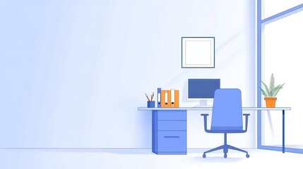 Fototapeta premium Serene Minimalist Home Office Workspace: Desk, Chair, Computer, Plant, and Natural Light