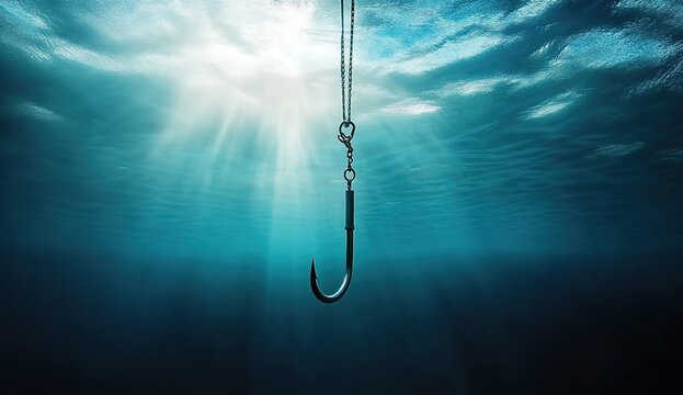 Underwater fishhook suspended by chain with sunlight beams in blue ocean.