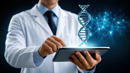 Wearing a white lab coat, the scientist is holding a tablet and working with a double-helix DNA hologram on a virtual screen background in the laboratory.
