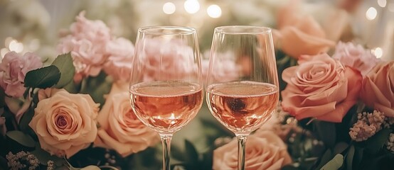 Fototapeta premium Two rosé wine glasses among pink roses with soft bokeh background.